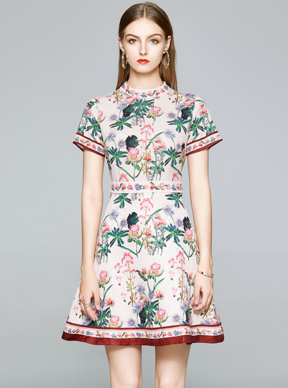 CM-DF061104 Women Retro Charming European Style Floral Short Sleeve A-Line Dress