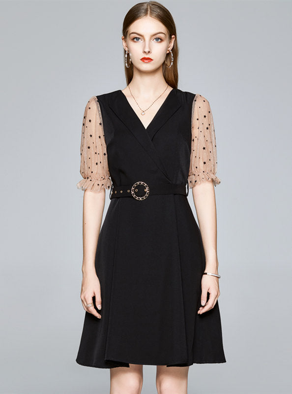 CM-DF061105 Women Vintage European Style V-Neck Gauze Sleeve Flouncing Dress - Black