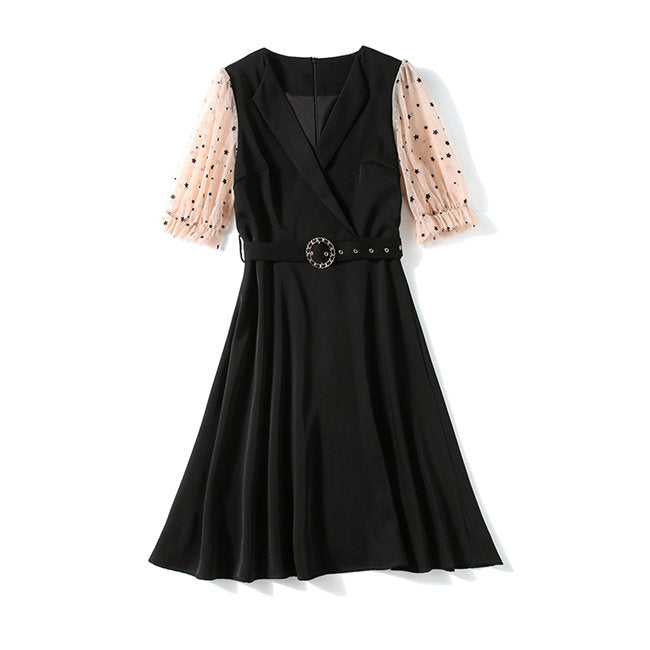 CM-DF061105 Women Vintage European Style V-Neck Gauze Sleeve Flouncing Dress - Black