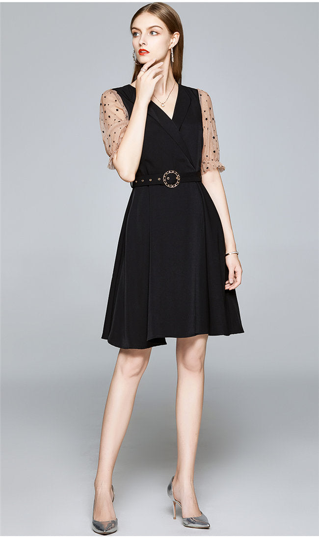 CM-DF061105 Women Vintage European Style V-Neck Gauze Sleeve Flouncing Dress - Black