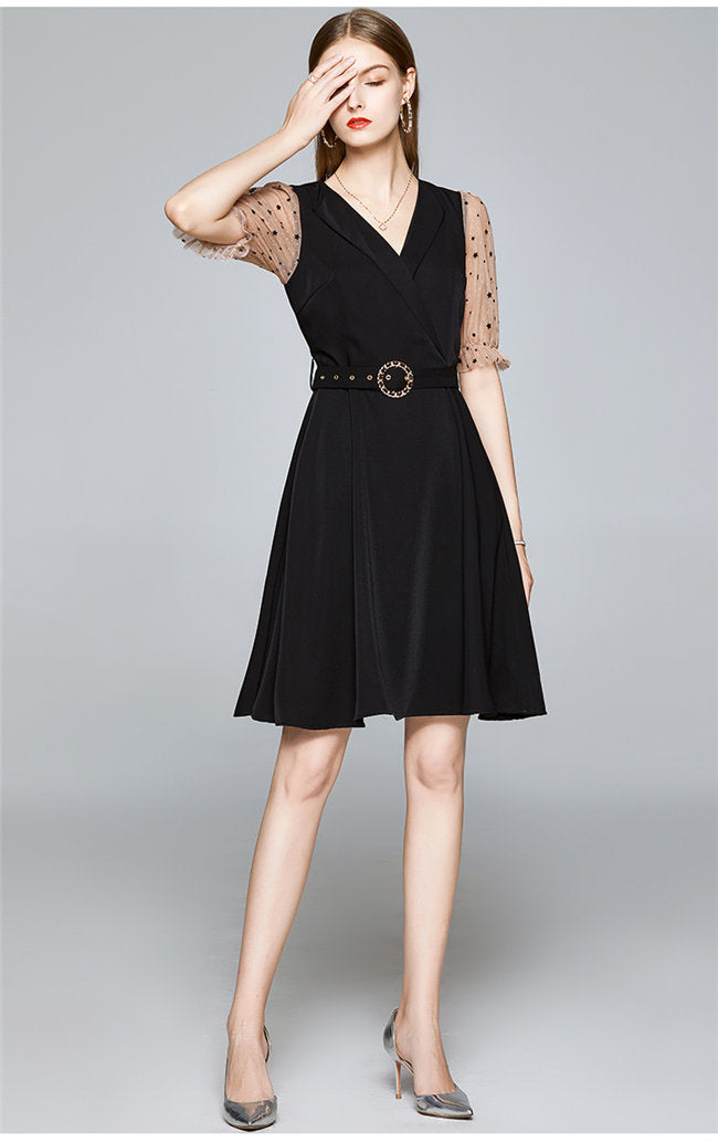 CM-DF061105 Women Vintage European Style V-Neck Gauze Sleeve Flouncing Dress - Black