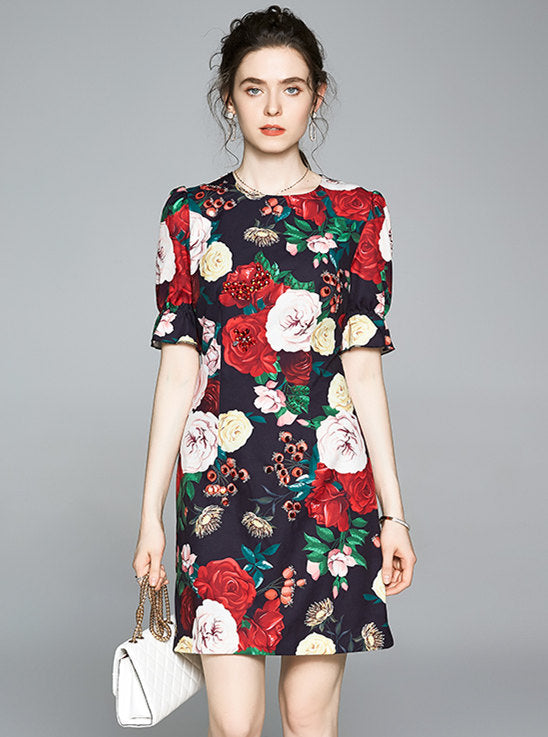 CM-DF061115 Women Elegant European Style Beads Floral Short Sleeve Bodycon Dress