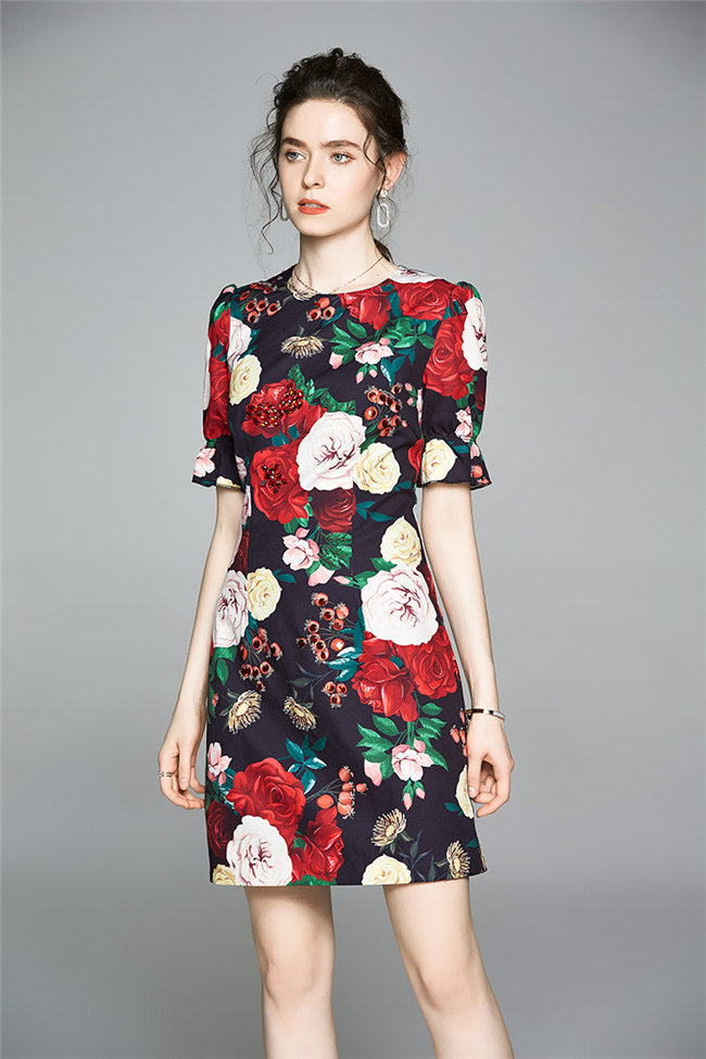 CM-DF061115 Women Elegant European Style Beads Floral Short Sleeve Bodycon Dress