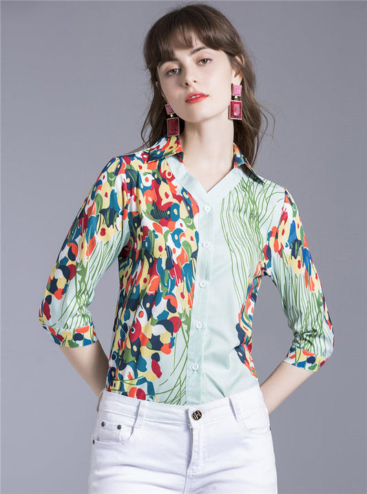 CM-TF061205 Women Casual European Style 3/4 Sleeve Buttons V-Neck Floral Print Blouse