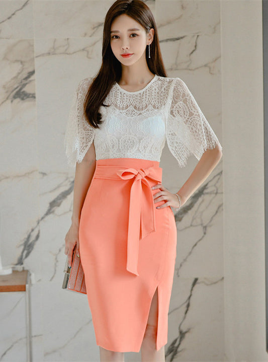 CM-SF061219 Women Elegant Seoul Style Lace Blouse With High Waist Split Midi Skirt - Set