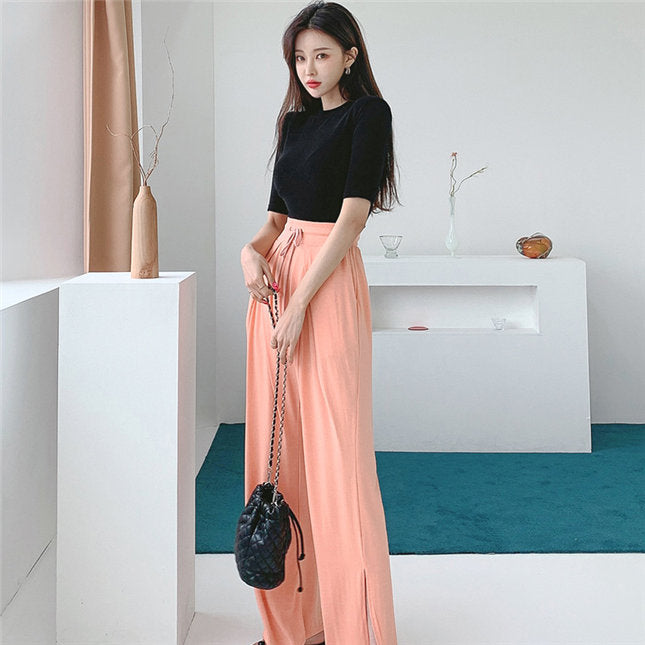 CM-SF061226 Women Casual Seoul Style Knit T-Shirt With Tie Waist Long Pants - Set