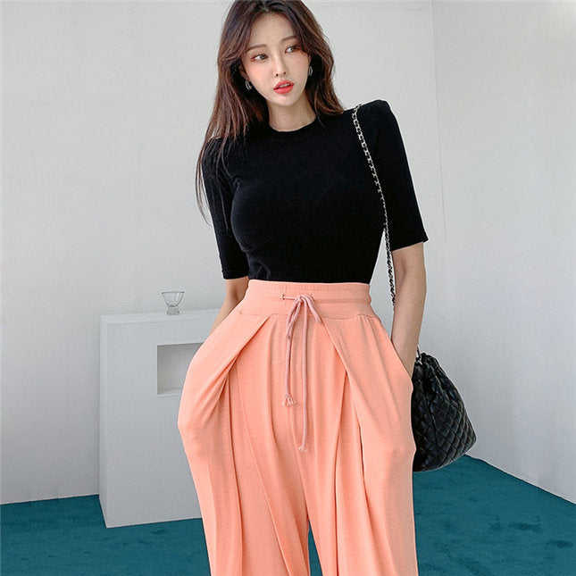 CM-SF061226 Women Casual Seoul Style Knit T-Shirt With Tie Waist Long Pants - Set