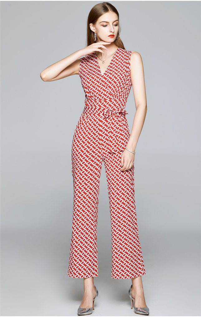 CM-JF061503 Women Elegant European Style Tie Waist V-Neck Tank Long Jumpsuit - Red