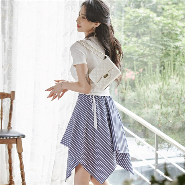CM-SF061608 Women Casual Seoul Style Hollow Out Cotton Tops With Stripes Flouncing Skirt - Set