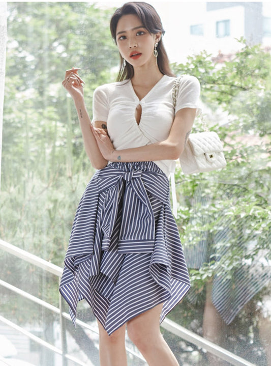 CM-SF061608 Women Casual Seoul Style Hollow Out Cotton Tops With Stripes Flouncing Skirt - Set