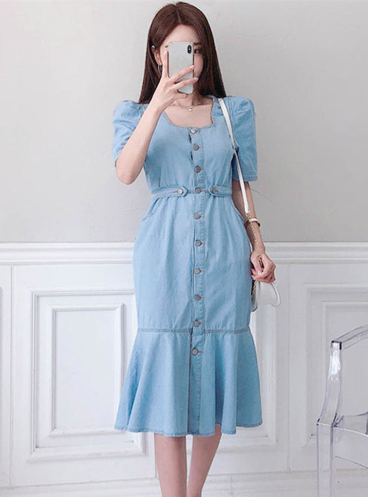 CM-DF061612 Women Casual Seoul Style Single-Breasted Fishtail Denim Dress - Blue