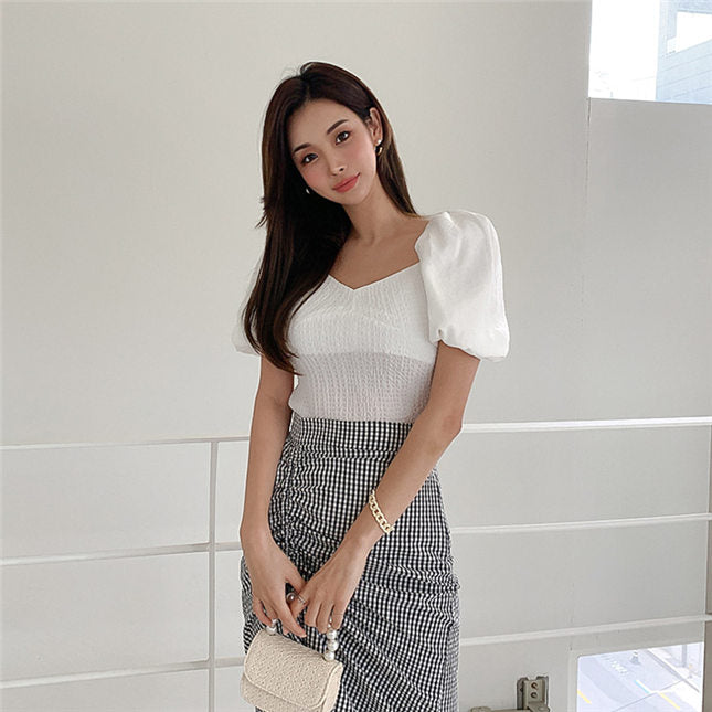 CM-SF061905 Women Casual Seoul Style Puff Sleeve Blouse With Plaids Pleated Skirt - Set