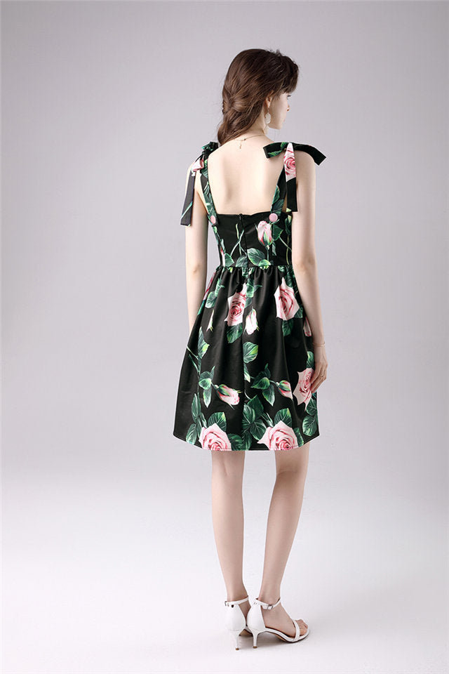 CM-DF061913 Women Casual Seoul Style Tie Straps Flowers A-Line Short Dress - Black