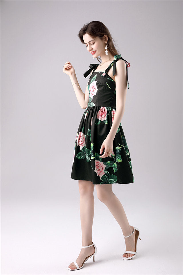 CM-DF061913 Women Casual Seoul Style Tie Straps Flowers A-Line Short Dress - Black