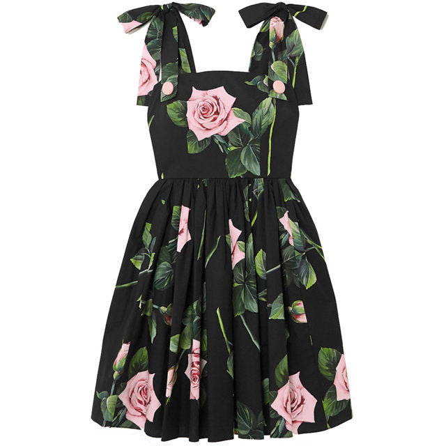 CM-DF061913 Women Casual Seoul Style Tie Straps Flowers A-Line Short Dress - Black