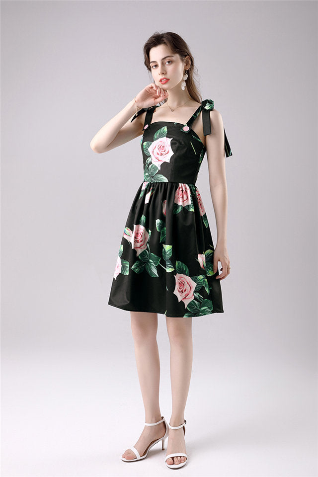 CM-DF061913 Women Casual Seoul Style Tie Straps Flowers A-Line Short Dress - Black