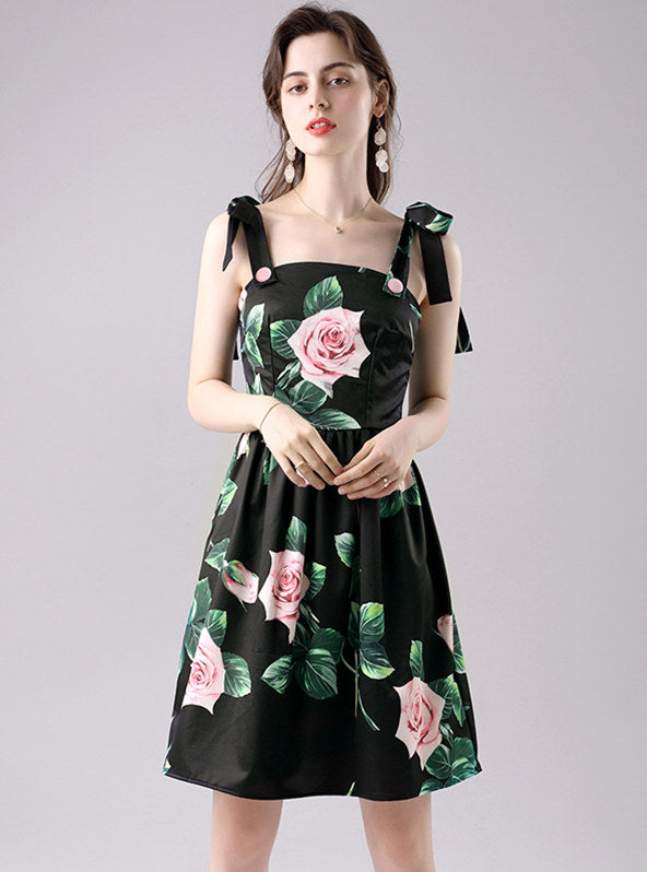 CM-DF061913 Women Casual Seoul Style Tie Straps Flowers A-Line Short Dress - Black