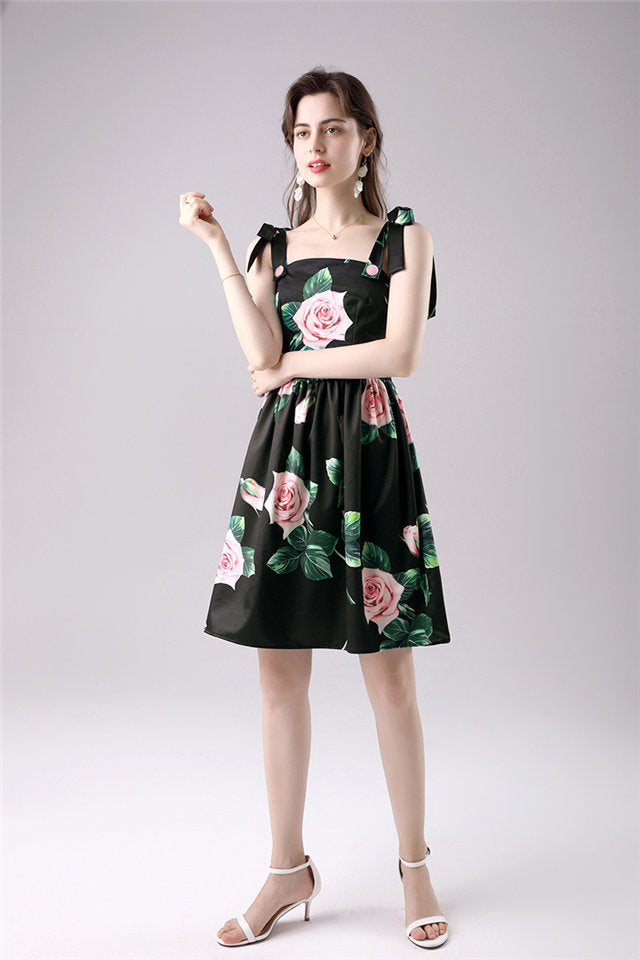 CM-DF061913 Women Casual Seoul Style Tie Straps Flowers A-Line Short Dress - Black