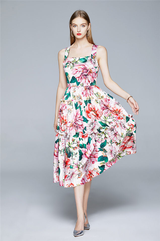 CM-DF061916 Women Elegant European Style High Waist Floral Print Straps Long Dress