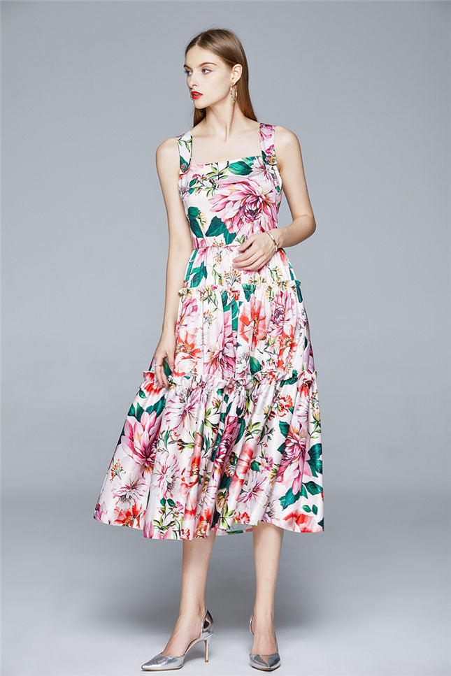 CM-DF061916 Women Elegant European Style High Waist Floral Print Straps Long Dress