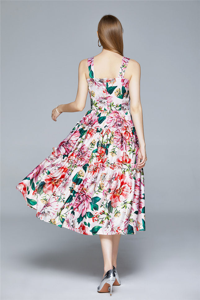 CM-DF061916 Women Elegant European Style High Waist Floral Print Straps Long Dress