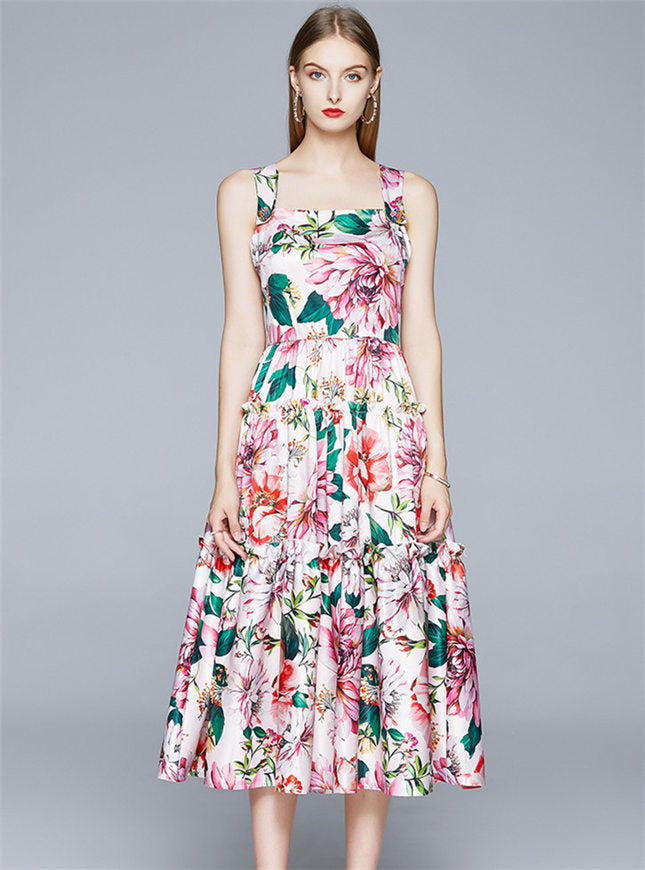 CM-DF061916 Women Elegant European Style High Waist Floral Print Straps Long Dress