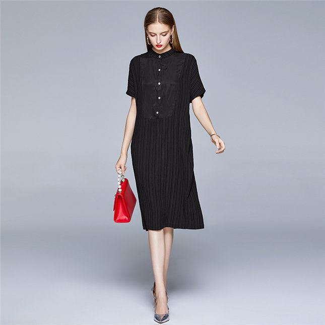 CM-DF062116 Women Casual European Style Buttons Collar Pleated Loosen Dress - Black