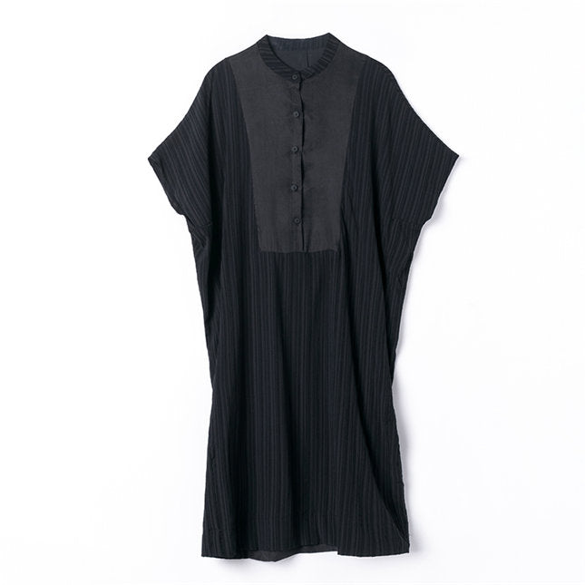 CM-DF062116 Women Casual European Style Buttons Collar Pleated Loosen Dress - Black