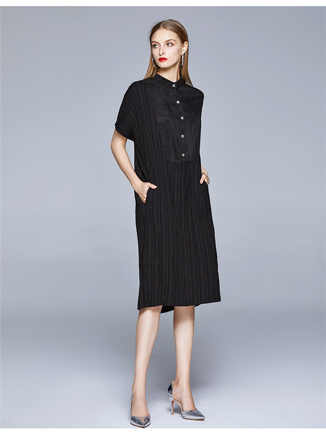 CM-DF062116 Women Casual European Style Buttons Collar Pleated Loosen Dress - Black