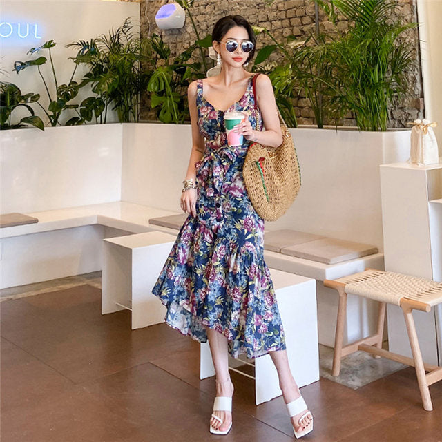 CM-DF062120 Women Charming Seoul Style Tie Waist Floral Print Fishtail Long Dress