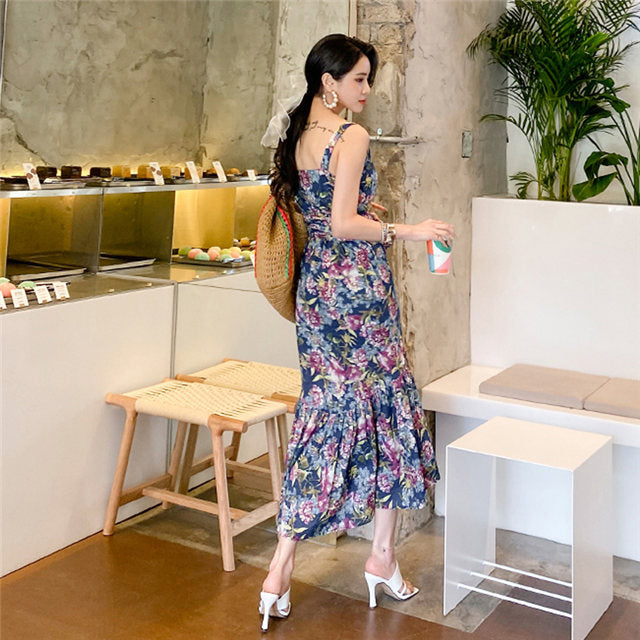 CM-DF062120 Women Charming Seoul Style Tie Waist Floral Print Fishtail Long Dress