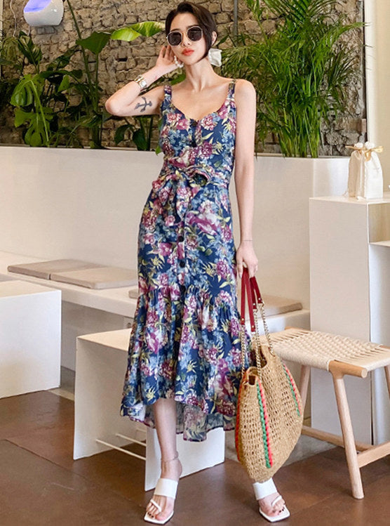 CM-DF062120 Women Charming Seoul Style Tie Waist Floral Print Fishtail Long Dress