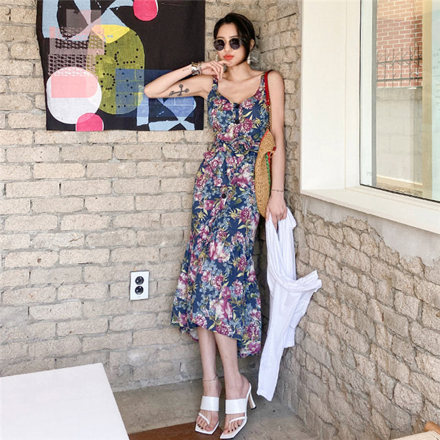 CM-DF062120 Women Charming Seoul Style Tie Waist Floral Print Fishtail Long Dress