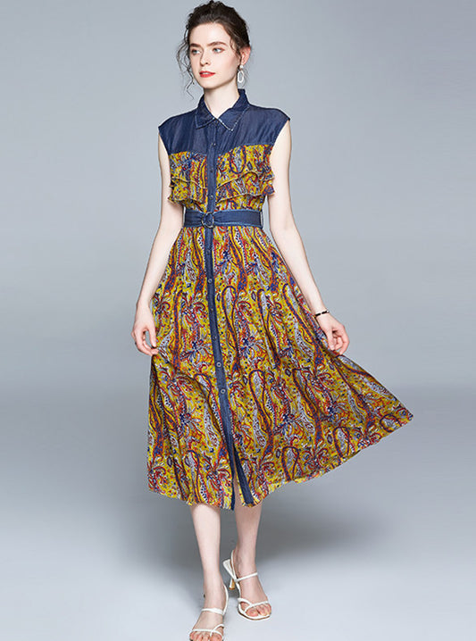 CM-DF063002 Women Retro European Style Denim Shirt Collar Floral Chiffon Dress