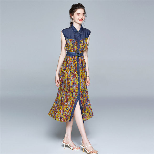 CM-DF063002 Women Retro European Style Denim Shirt Collar Floral Chiffon Dress