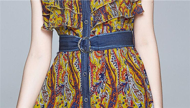 CM-DF063002 Women Retro European Style Denim Shirt Collar Floral Chiffon Dress