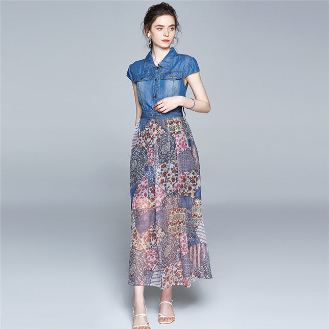 CM-DF063004 Women Pretty European Style Denim Shirt Collar Floral Print Long Dress