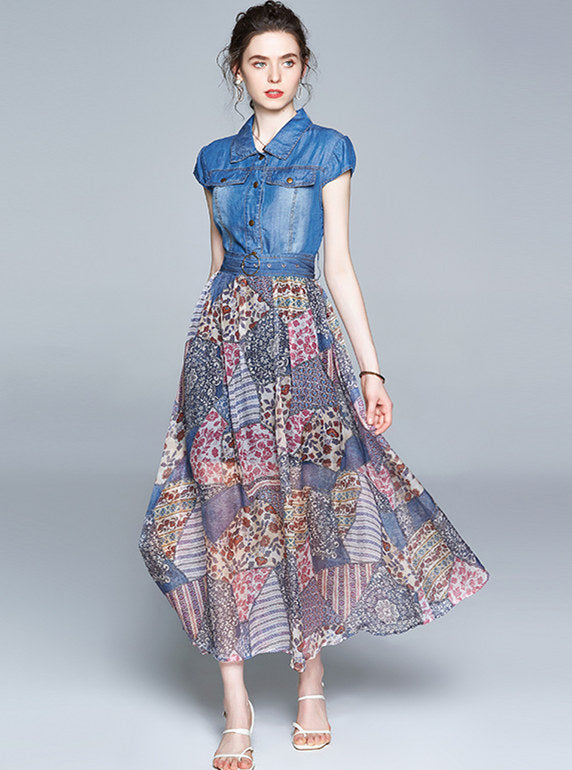 CM-DF063004 Women Pretty European Style Denim Shirt Collar Floral Print Long Dress