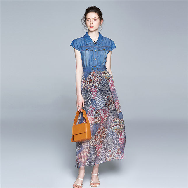 CM-DF063004 Women Pretty European Style Denim Shirt Collar Floral Print Long Dress