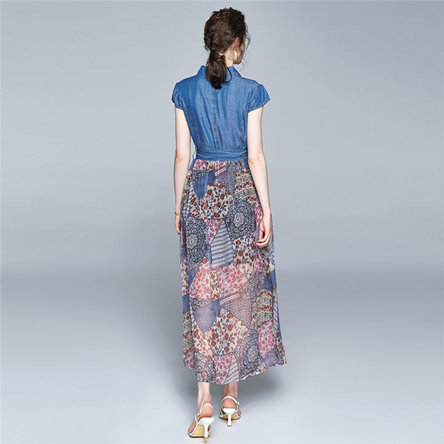 CM-DF063004 Women Pretty European Style Denim Shirt Collar Floral Print Long Dress