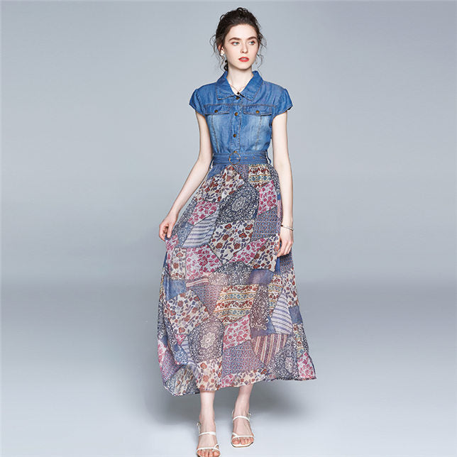 CM-DF063004 Women Pretty European Style Denim Shirt Collar Floral Print Long Dress