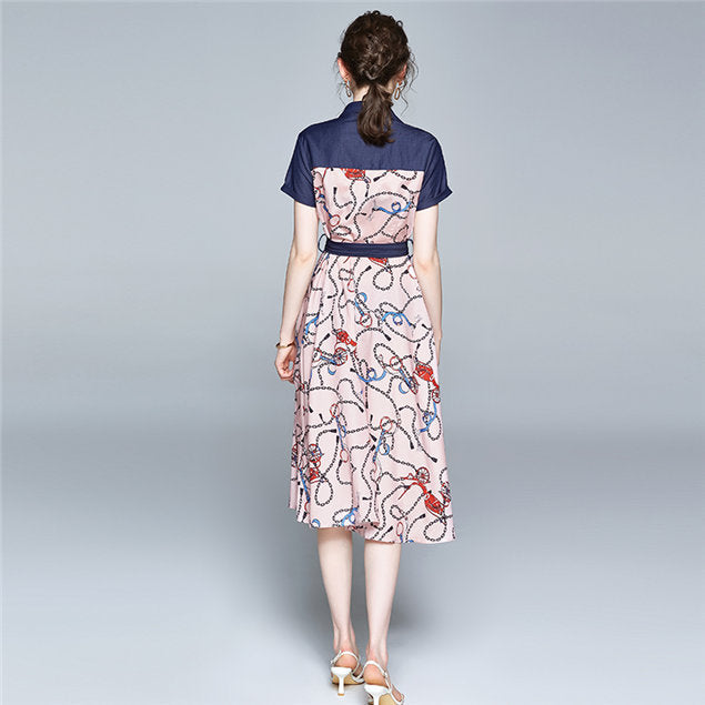 CM-DF063003 Women Casual European Style Single-Breasted Floral Denim Shirt Dress