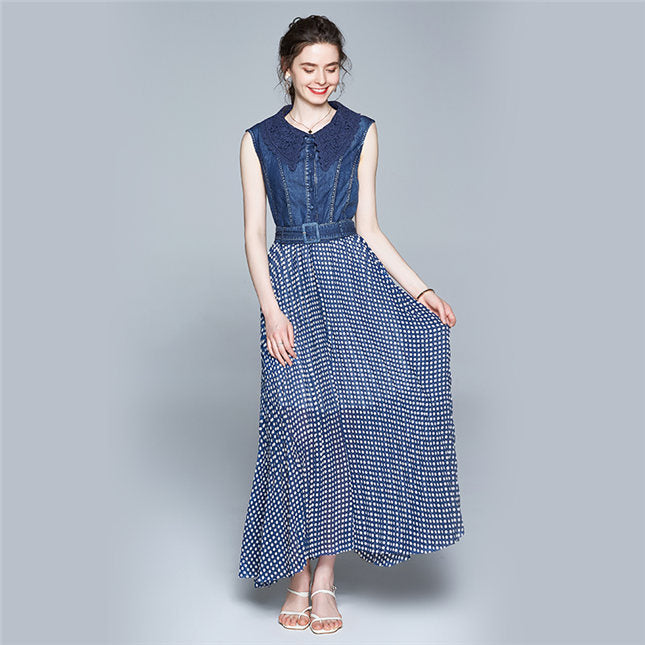 CM-DF063006 Women Elegant European Style Lace Doll Collar Denim Splicing Dots Maxi Dress