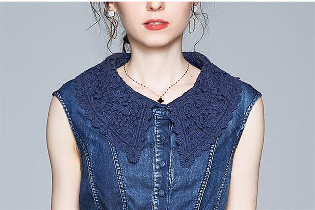 CM-DF063006 Women Elegant European Style Lace Doll Collar Denim Splicing Dots Maxi Dress