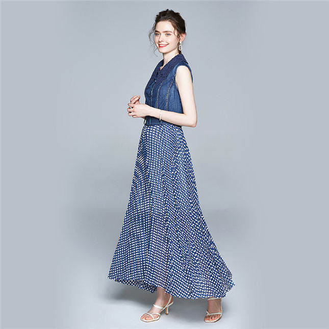 CM-DF063006 Women Elegant European Style Lace Doll Collar Denim Splicing Dots Maxi Dress