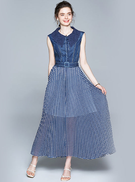 CM-DF063006 Women Elegant European Style Lace Doll Collar Denim Splicing Dots Maxi Dress
