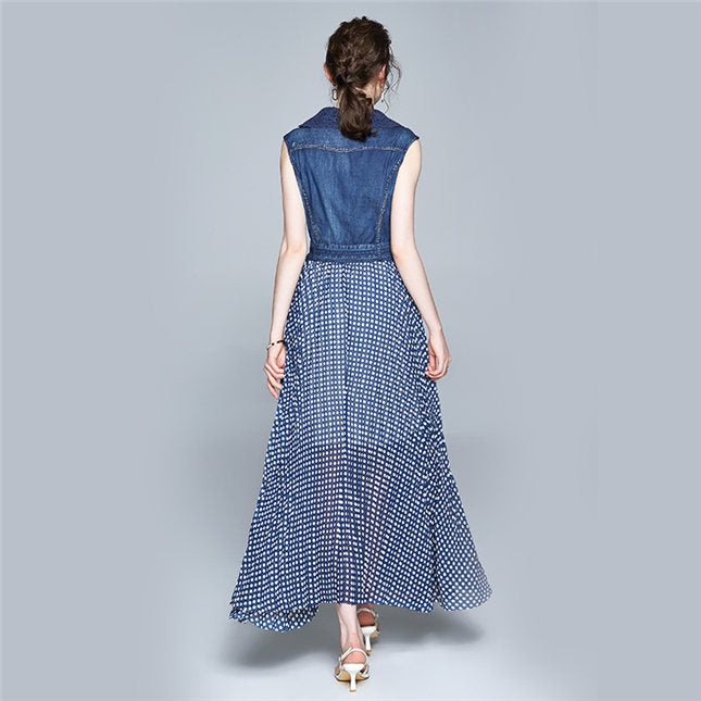 CM-DF063006 Women Elegant European Style Lace Doll Collar Denim Splicing Dots Maxi Dress