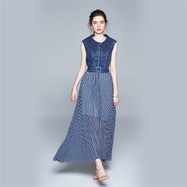 CM-DF063006 Women Elegant European Style Lace Doll Collar Denim Splicing Dots Maxi Dress