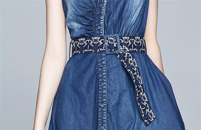 CM-DF063010 Women Elegant European Style V-Neck Tie Waist Denim Long Dress - Blue