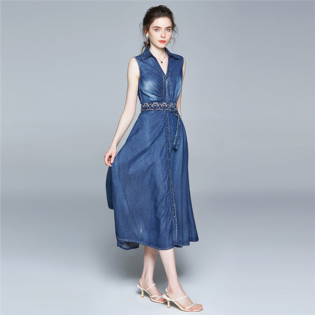 CM-DF063010 Women Elegant European Style V-Neck Tie Waist Denim Long Dress - Blue